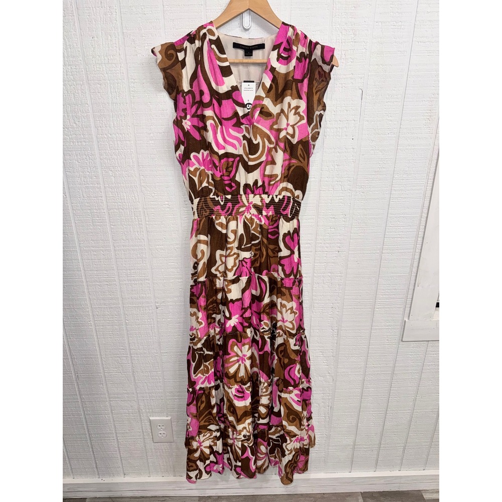 Cynthia Steffe Maxi Dress Women Small Pink Brown Floral Smocked Tiered Boho NEW